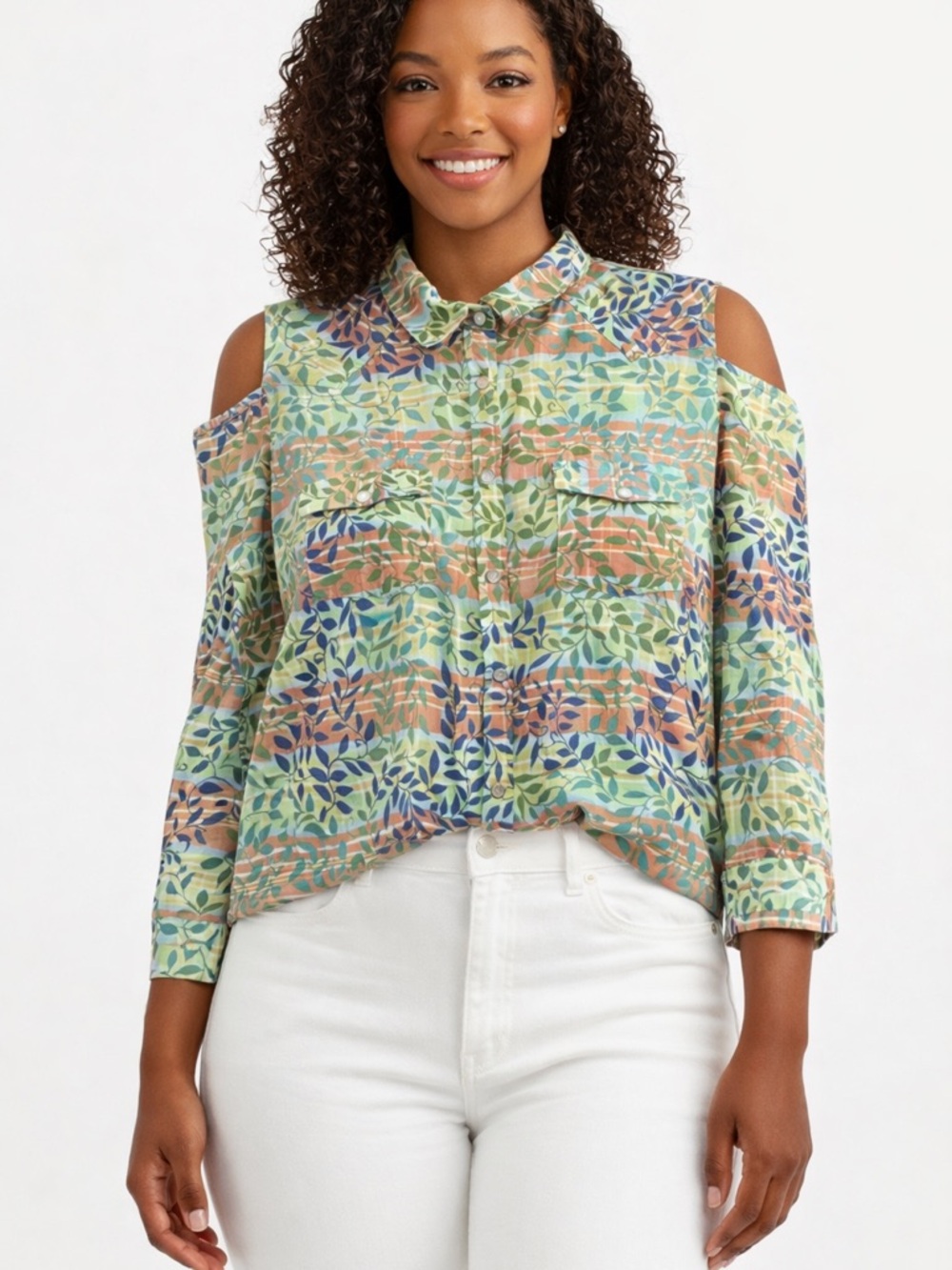 Cold-Shoulder Leaf Botanical Boho Button up Shirt Safari Style Size Medium
